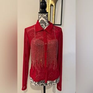 WoWo Red Sheer Blouse with Rhinestones
